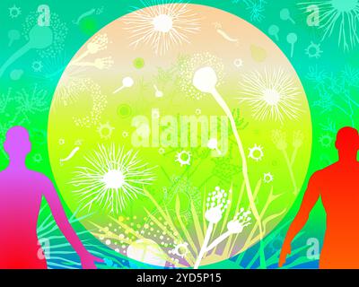 Illustrazione con forme femminili e maschili e forme di vari funghi che possono causare malattie. Foto Stock