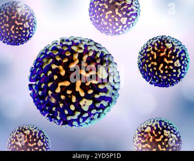 Layout con immagini di stampa 3D colorate del virus dell'epatite B. Nota: Non in scala. Foto Stock