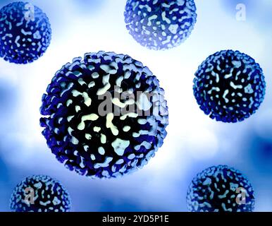 Layout con immagini di stampa 3D colorate del virus dell'epatite B. Nota: Non in scala. Foto Stock