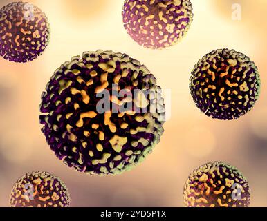 Layout con immagini di stampa 3D colorate del virus dell'epatite B. Nota: Non in scala. Foto Stock