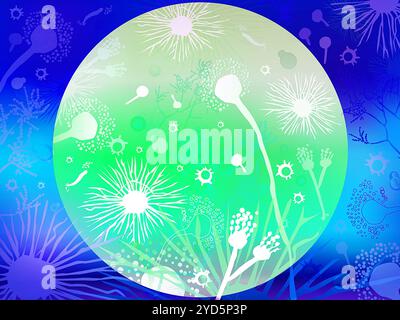 Illustrazione con forme di vari funghi che possono causare malattie. Foto Stock