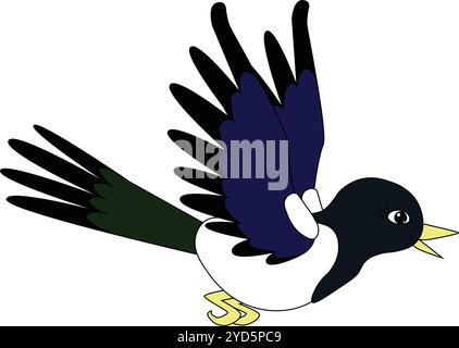 il magpie bianco e nero vola felicemente con le ali spalmate, il vettore di stock e il cartone animato Illustrazione Vettoriale