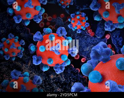Grafica creativa con stampe 3D colorate di particelle del virus HIV. Foto Stock