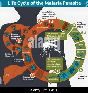 Un'illustrazione del ciclo di vita del parassita della malaria. Foto Stock