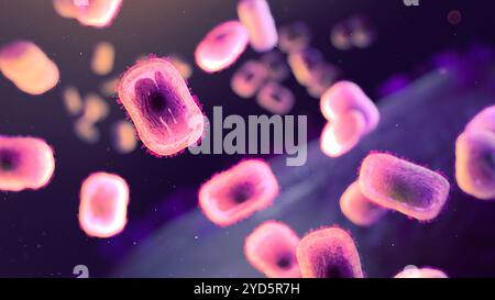 Virioni mpox extracellulari a forma di mattone (rosa colorato). La retroilluminazione mostra le membrane superficiali dei virioni e i contorni dei nucleocapsidi. Foto Stock