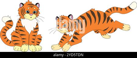 carino tigre a righe di cartoni animati. Serie di illustrazioni vettoriali in stile cartone animato Illustrazione Vettoriale