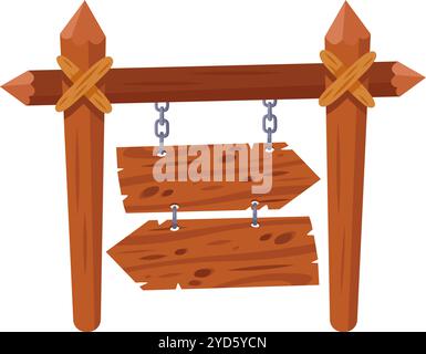 Due cartelli a forma di freccia in legno sono appesi a catene attaccate a un robusto cartello in legno, creando un rustico e affascinante display per la ricerca di strade Illustrazione Vettoriale