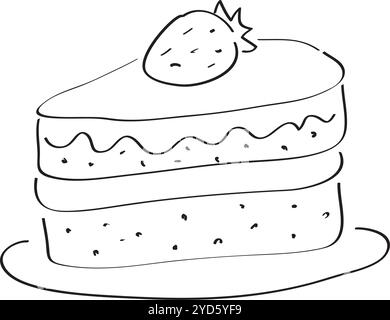 torta di fragole disegnata a mano con pennello su sfondo nero su bianco Illustrazione Vettoriale