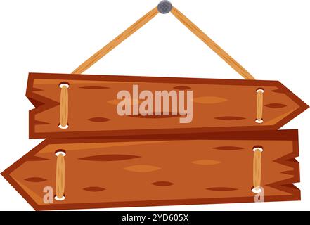 Due frecce vuote in legno pendono da una fune attaccate a un chiodo, creando un elemento di design rustico e versatile Illustrazione Vettoriale