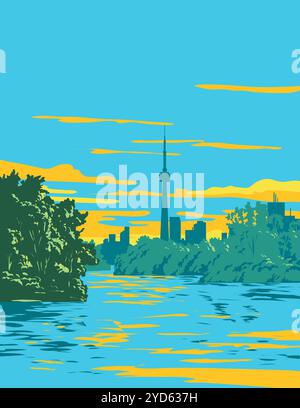 Poster art WPA del Toronto Island Park con lo skyline della città di Toronto sullo sfondo del lago Ontario, Canada, realizzato nell'amministrazione di progetti di opere o federali Foto Stock