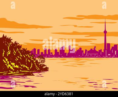 Poster art WPA dello skyline della città di Toronto sulla baia di Toronto, vista dal Toronto Island Park sul lago Ontario, Canada, fatta in opere di amministrazione di progetti o. Foto Stock