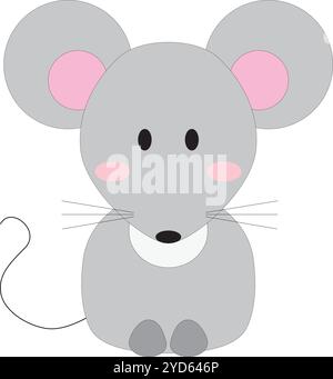 simpatico topo grigio cartoni animati con orecchie grandi, coda, zampe, stock vettoriale, sfondo bianco Illustrazione Vettoriale