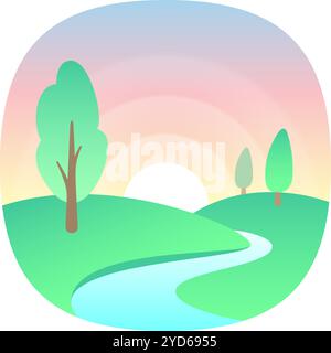 L'alba color pastello illumina un tranquillo paesaggio con alberi stilizzati e un fiume serpeggiante, creando una scena tranquilla e idilliaca Illustrazione Vettoriale