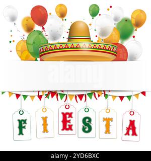 Una copertura per la festa messicana con palloncini colorati, adesivi e punzonature. File vettoriale EPS 10. Foto Stock