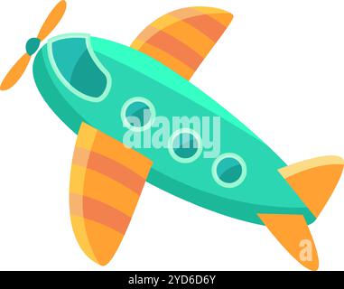 Un colorato aeroplano a cartoni animati che si libra nel cielo, caratterizzato da ali arancioni vibranti e un'elica rotante, ideale per i progetti dei bambini o per i viaggi Illustrazione Vettoriale