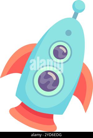 Navicella a cartoni animati colorata che vola nello spazio con due finestre rotonde e tre pinne rosse, che rappresentano l'esplorazione spaziale, i viaggi futuristici e. Illustrazione Vettoriale