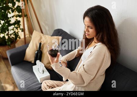 Una donna siede premurosamente su un divano, guardando il suo bicchiere di vino rosso, perso nella riflessione. Foto Stock