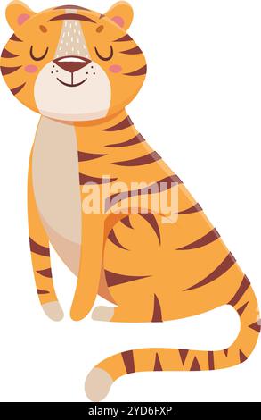 Carino tigre dei cartoni animati in posizione tranquilla, con gli occhi chiusi, che trasuda fascino e felicità. Perfetto per un'atmosfera divertente e allegra Illustrazione Vettoriale