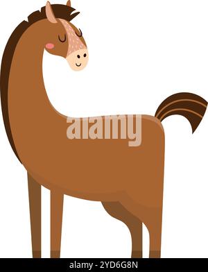 Illustrazione a fumetto di un cavallo bruno in piedi con calma a occhi chiusi, una faccia sorridente e un lungo collo ricurvo, che trasmette un senso di pace e. Illustrazione Vettoriale