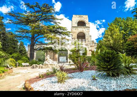 Vista sul parco di Arles e sul teatro antico dell'architettura antica Foto Stock