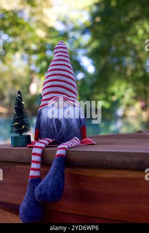 Uno gnomo natalizio e un albero seduti su un tavolo in un parco con uno splendido sfondo bokeh in una soleggiata giornata autunnale. copia spazio Foto Stock