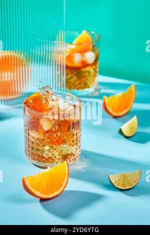 Bevanda estiva con ghiaccio e arance, limonata, cocktail alcolici o analcolici. Spruzzare in un bicchiere Foto Stock