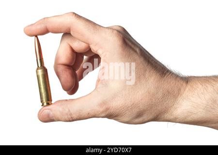 Fucile mitragliatrice proiettile militare in mano al concetto di guerra degli uomini su sfondo bianco Foto Stock