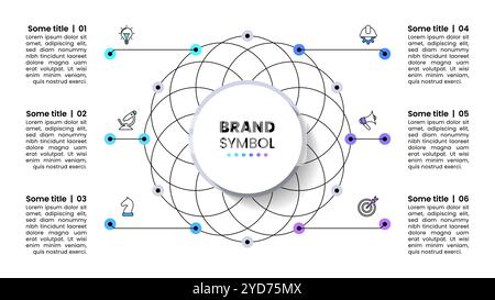 Modello infografico con icone e 6 opzioni o passaggi. Cerchio. Può essere utilizzato per il layout del flusso di lavoro, il diagramma, il banner, il webdesign. Illustrazione vettoriale Illustrazione Vettoriale