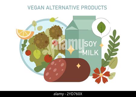 Concetto di giornata Mondiale Vegan. Illustrazione del latte di soia e degli alimenti a base vegetale come prodotti lattiero-caseari e a base di carne. Stile di vita sano e scelta dietetica. Illustrazione vettoriale. Illustrazione Vettoriale