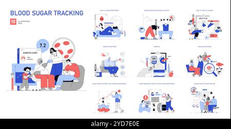 Set Blood Sugar Tracking. Gestire il diabete attraverso il monitoraggio regolare e scelte di stile di vita sano. Cura del diabete, test del glucosio e pianificazione dietetica. Illustrazione vettoriale. Illustrazione Vettoriale