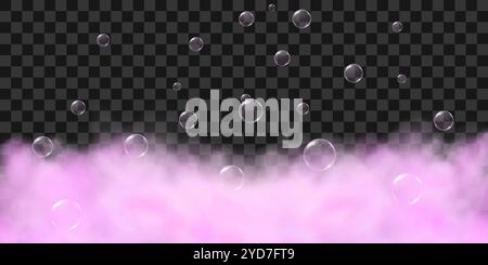 Bagnoschiuma rosa con bolle di sapone che volano verso l'alto. Vettore 3D realistico isolato su sfondo trasparente. Illustrazione Vettoriale