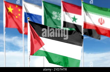 Flags of Palestine and China, Russia, Saudi Arabia, Iran, Syria. Depicts national support for Palest Stock Photo