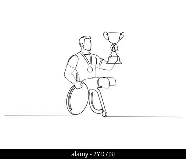 Disegno in linea continuo di una persona su una sedia a rotelle che regge un trofeo e indossa una medaglia. Lo stile minimalista mette in risalto il successo, la perseveranza, Illustrazione Vettoriale