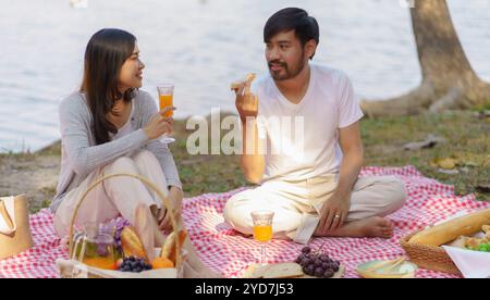 Una coppia asiatica innamorata che si diverte a fare un picnic all'aperto nel parco. Coppia felice rilassante togetherÂ con cestino da picnic Foto Stock