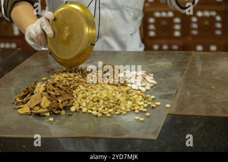Farmacia cinese tradizionale a base di erbe a Pechino con vasetti di medicinali e heb Foto Stock