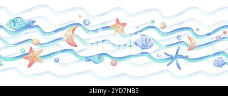Onde marine, pesci vari, stelle marine, conchiglie e bollicine. Illustrazione ad acquerello disegnata a mano in blu e corallo. Bordi senza cuciture, bambini, carini Foto Stock