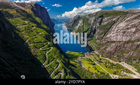 Kjerag, Lysebotn, Lysefjorden, Norvegia, una vista aerea di una strada tortuosa che serpeggia attraverso le lussureggianti montagne verdi della Norvegia, con Foto Stock