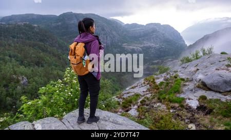 Un escursionista solitario si erge su un affioramento roccioso, che si affaccia su uno splendido paesaggio di fiordi norvegesi. La nebbia è appesa in basso nelle valli, Foto Stock