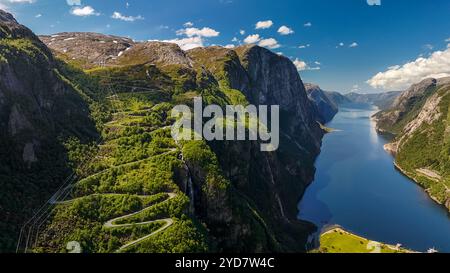 Lysebotn, Lysefjorden, Norvegia una veduta aerea di una strada tortuosa che serpeggia attraverso una lussureggiante valle verde, Foto Stock