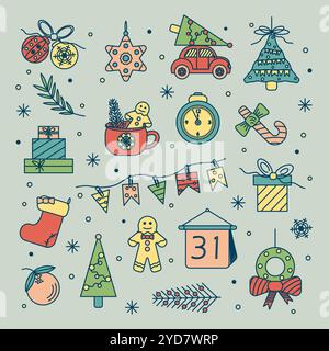 Una serie di icone piatte di Natale, una serie di icone dai colori vivaci. Il set contiene icone quali auto, calendario, regali, orologio, albero di Natale, fiocco di neve, Illustrazione Vettoriale