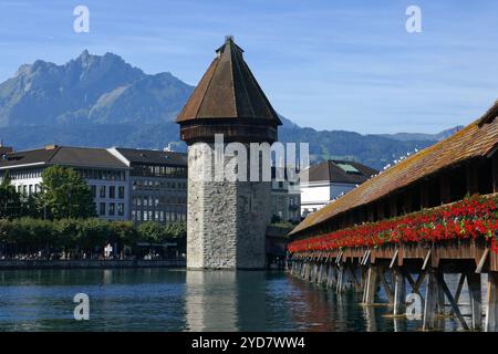 Ponte della Cappella e Torre dell'acqua a Lucerna in Svizzera Foto Stock