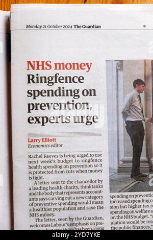 "NHS Money Ringfence spesa per gli esperti di prevenzione sollecita" giornale Guardian headline business servizio sanitario articolo 21 ottobre 2024 Londra Regno Unito Foto Stock