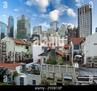 Ann Siang Hill Park tetti, case a Chinatown Singapore, vista dei grattacieli nel centro di Singapore Foto Stock