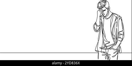 disegno continuo a linea singola di un uomo stressato con mal di testa, illustrazione vettoriale line art Illustrazione Vettoriale
