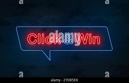 Clicca e vinci Clicca e vinci. Insegna al neon illuminata in blu e allevata su una parete di cemento scuro. Concorrenza, gioco online, Internet, incentivi. neon sign049 click and win Foto Stock