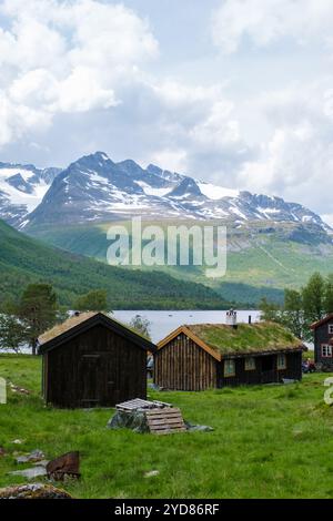 Due tradizionali cabine norvegesi sorgono in un campo erboso, affacciato su un pittoresco lago e montagne innevate in lontananza. Valle di Innerdalen Foto Stock