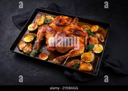 Pollo tradizionale al mattone al barbecue con spatchcocked e arancia Foto Stock