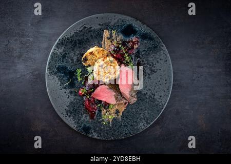 Tradizionalmente arrostita in sella di filetto di cervo con gnocchi di pane altoatesini, marmellata di ciliegie e tartufo spalmato servito come vista dall'alto su un design nordico Foto Stock