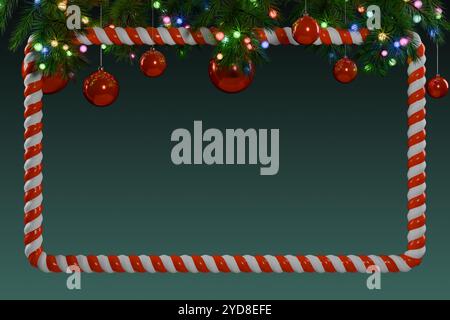 Cornice natalizia adornata da luci e ornamenti colorati, perfetta per i saluti natalizi. rendering 3d. Foto Stock