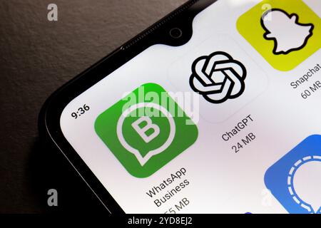 25 ottobre 2024, Brasile. In questa immagine, il logo WhatsApp Business, ChatGPT e Snapchat app viene visualizzato sullo schermo di uno smartphone. Foto Stock